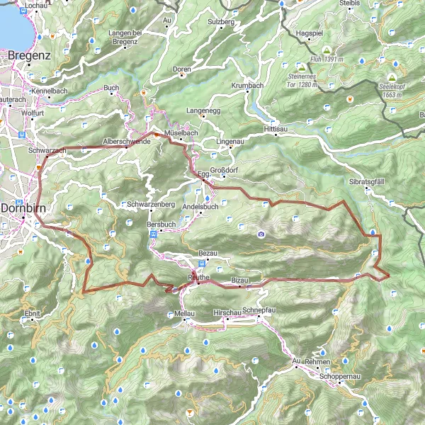 Map miniature of "The Gravel Adventure" cycling inspiration in Vorarlberg, Austria. Generated by Tarmacs.app cycling route planner