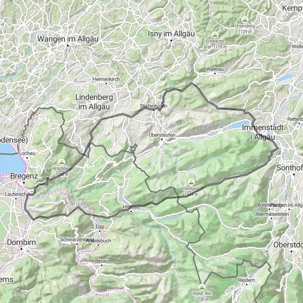 Miniatura della mappa di ispirazione al ciclismo "Tour delle Alpi Bavaresi" nella regione di Vorarlberg, Austria. Generata da Tarmacs.app, pianificatore di rotte ciclistiche