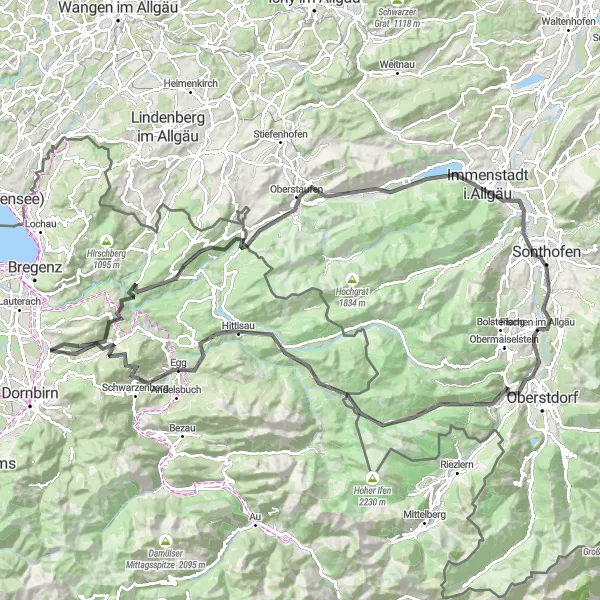 Miniatua del mapa de inspiración ciclista "Ruta escénica por Doren, Malerwinkel y Brüggelekopf" en Vorarlberg, Austria. Generado por Tarmacs.app planificador de rutas ciclistas