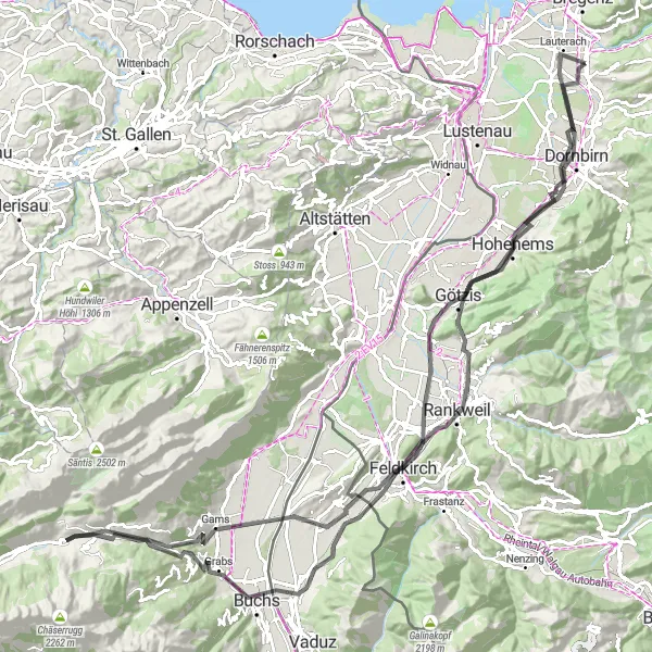 Miniatura della mappa di ispirazione al ciclismo "Giro in bicicletta da Schwarzach a Schwarzach attraverso Vorarlberg" nella regione di Vorarlberg, Austria. Generata da Tarmacs.app, pianificatore di rotte ciclistiche