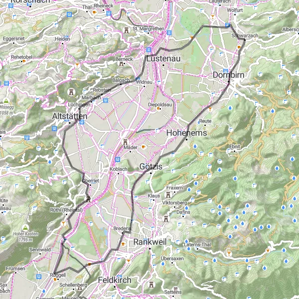 Karten-Miniaturansicht der Radinspiration "Hohenems - Schwarzach Rundtour" in Vorarlberg, Austria. Erstellt vom Tarmacs.app-Routenplaner für Radtouren