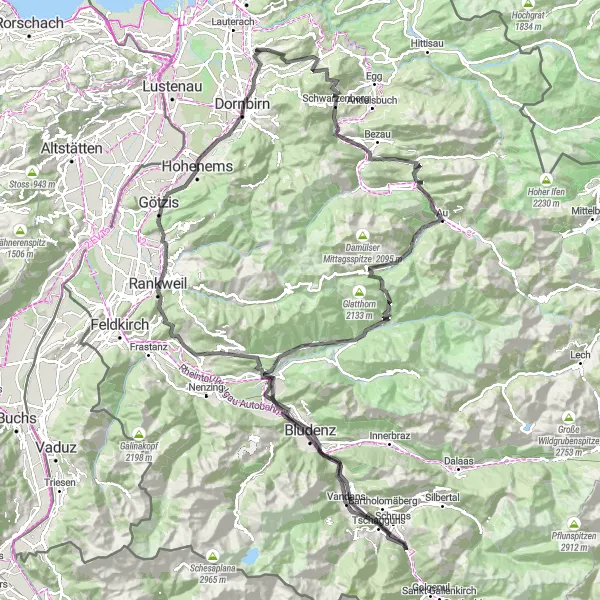 Miniatua del mapa de inspiración ciclista "Desafío ciclista por Brüggelekopf, Damüls y Schlins" en Vorarlberg, Austria. Generado por Tarmacs.app planificador de rutas ciclistas