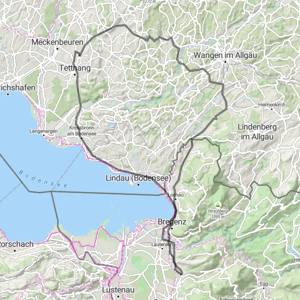 Miniatua del mapa de inspiración ciclista "Ruta por carretera Schwarzach-Lindau" en Vorarlberg, Austria. Generado por Tarmacs.app planificador de rutas ciclistas