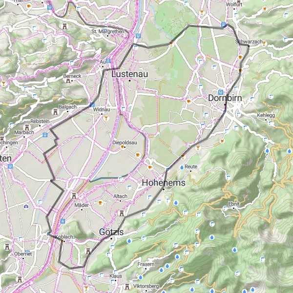 Kartminiatyr av "Short Road Cycling Route from Schwarzach" sykkelinspirasjon i Vorarlberg, Austria. Generert av Tarmacs.app sykkelrutoplanlegger