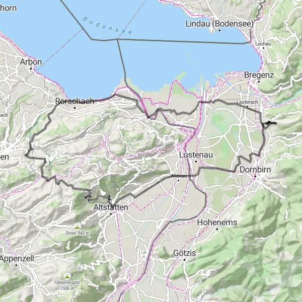 Karttaminiaatyyri "Widnau - Trogen - Rheineck - Wolfurt" pyöräilyinspiraatiosta alueella Vorarlberg, Austria. Luotu Tarmacs.app pyöräilyreittisuunnittelijalla