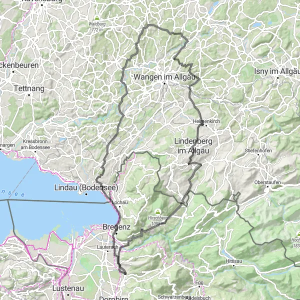 Miniatua del mapa de inspiración ciclista "Ruta de ciclismo de 101 km en carretera cerca de Schwarzach" en Vorarlberg, Austria. Generado por Tarmacs.app planificador de rutas ciclistas