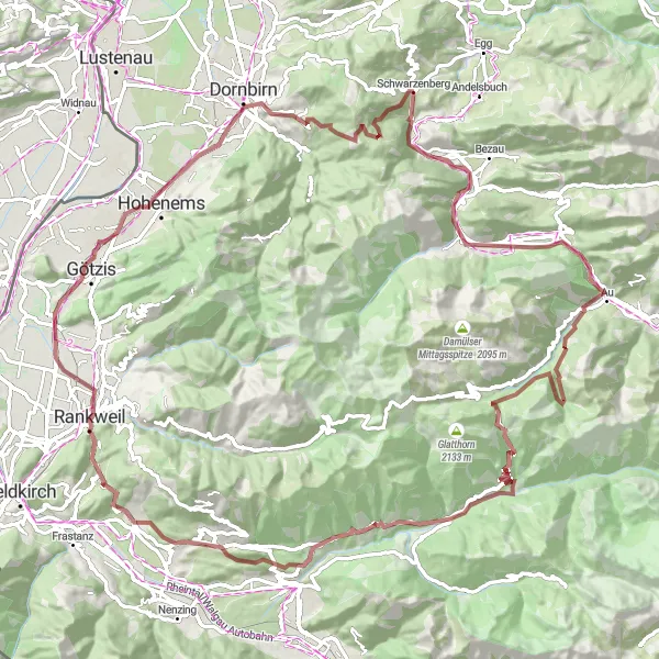 Map miniature of "A Gravel Adventure Exploring Schwarzenberg's Beauty" cycling inspiration in Vorarlberg, Austria. Generated by Tarmacs.app cycling route planner