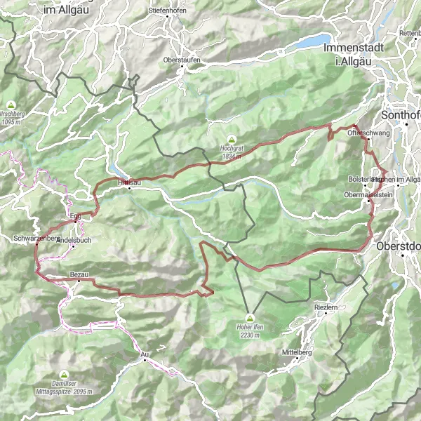 Karttaminiaatyyri "Gravel-seikkailu kohti Schwarzenbergiä" pyöräilyinspiraatiosta alueella Vorarlberg, Austria. Luotu Tarmacs.app pyöräilyreittisuunnittelijalla