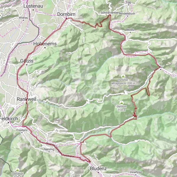 Map miniature of "A Scenic Gravel Adventure through Schwarzenberg" cycling inspiration in Vorarlberg, Austria. Generated by Tarmacs.app cycling route planner