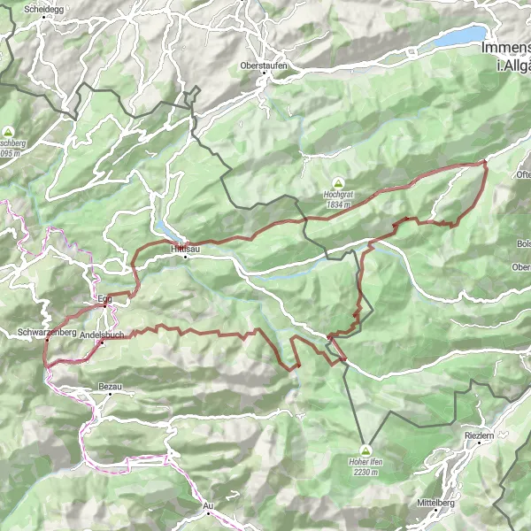 Miniaturní mapa "Gravel Schwarzenberg - Girenkopf" inspirace pro cyklisty v oblasti Vorarlberg, Austria. Vytvořeno pomocí plánovače tras Tarmacs.app