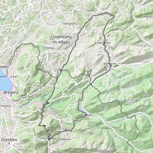 Miniatua del mapa de inspiración ciclista "Ruta de ciclismo de carretera a través de Tanzlaube y Hagelstein" en Vorarlberg, Austria. Generado por Tarmacs.app planificador de rutas ciclistas