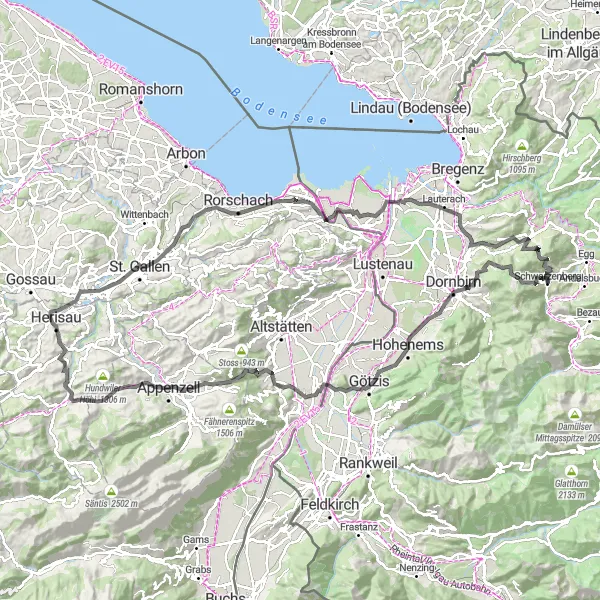 Miniatura della mappa di ispirazione al ciclismo "Esperienza ciclistica tra natura e cultura" nella regione di Vorarlberg, Austria. Generata da Tarmacs.app, pianificatore di rotte ciclistiche