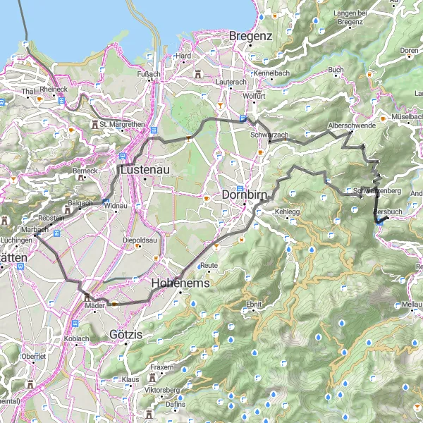 Miniature de la carte de l'inspiration cycliste "Tour des vallées alpines" dans la Vorarlberg, Austria. Générée par le planificateur d'itinéraire cycliste Tarmacs.app