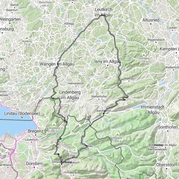 Karttaminiaatyyri "Pitkä reitti kohti Schwarzenbergiä" pyöräilyinspiraatiosta alueella Vorarlberg, Austria. Luotu Tarmacs.app pyöräilyreittisuunnittelijalla