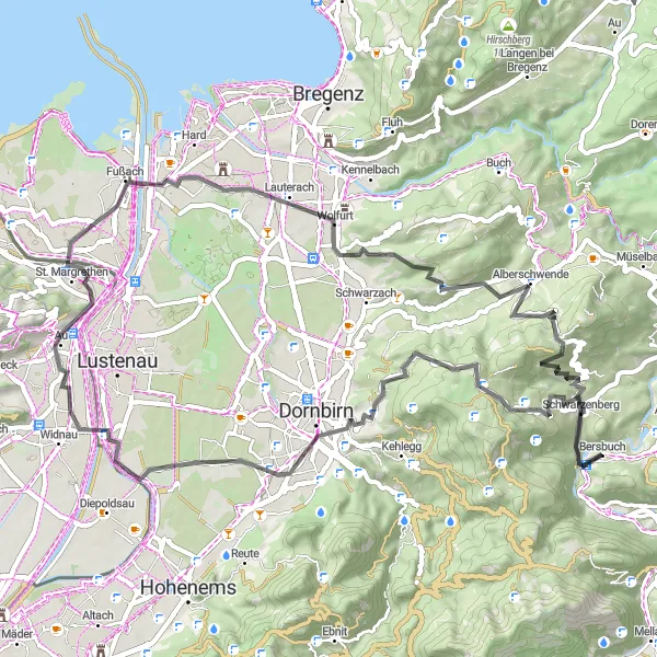 Miniature de la carte de l'inspiration cycliste "Boucle des vallées et des cols" dans la Vorarlberg, Austria. Générée par le planificateur d'itinéraire cycliste Tarmacs.app