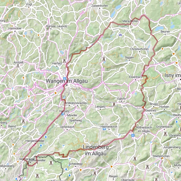 Mapa miniatúra "Gravel Road to Sigmarszell" cyklistická inšpirácia v Vorarlberg, Austria. Vygenerované cyklistickým plánovačom trás Tarmacs.app