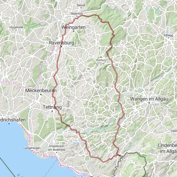 Map miniature of "Schlachters and Baienfurt Gravel Route" cycling inspiration in Vorarlberg, Austria. Generated by Tarmacs.app cycling route planner