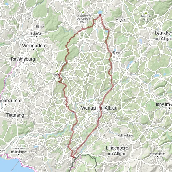 Karten-Miniaturansicht der Radinspiration "87 km langer Schotterweg durch die Natur" in Vorarlberg, Austria. Erstellt vom Tarmacs.app-Routenplaner für Radtouren