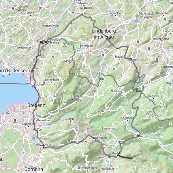 Map miniature of "Drei Eichen and Sigmarszell Road Route" cycling inspiration in Vorarlberg, Austria. Generated by Tarmacs.app cycling route planner