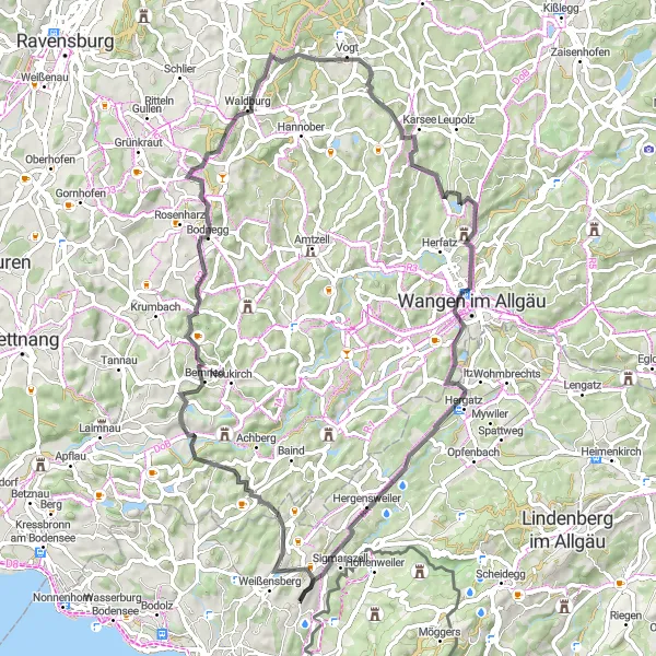 Mapa miniatúra "Road Cycling Discovery" cyklistická inšpirácia v Vorarlberg, Austria. Vygenerované cyklistickým plánovačom trás Tarmacs.app