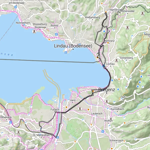 Miniatua del mapa de inspiración ciclista "Paseo corto en carretera desde Sigmarszell" en Vorarlberg, Austria. Generado por Tarmacs.app planificador de rutas ciclistas