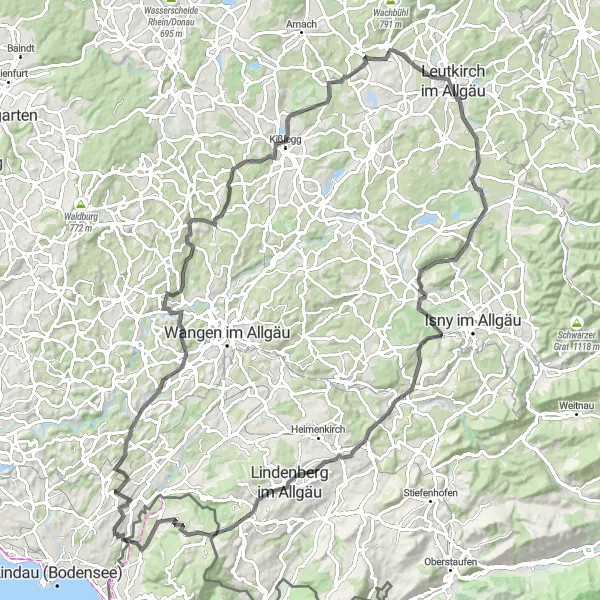Kartminiatyr av "Vägcykling till Kisslegg och Zwirkenberg" cykelinspiration i Vorarlberg, Austria. Genererad av Tarmacs.app cykelruttplanerare