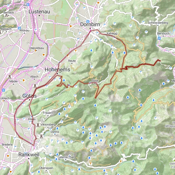 Miniaturní mapa "Gravelová dobrodružná cesta" inspirace pro cyklisty v oblasti Vorarlberg, Austria. Vytvořeno pomocí plánovače tras Tarmacs.app