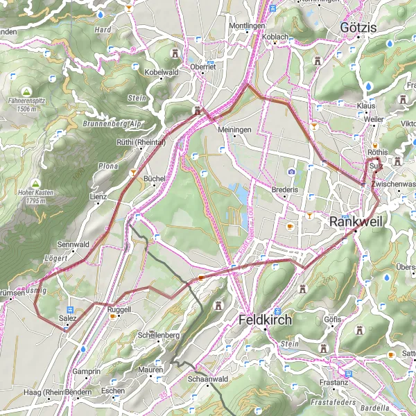 Karttaminiaatyyri "Sulzin kierros gravel-pyörällä" pyöräilyinspiraatiosta alueella Vorarlberg, Austria. Luotu Tarmacs.app pyöräilyreittisuunnittelijalla