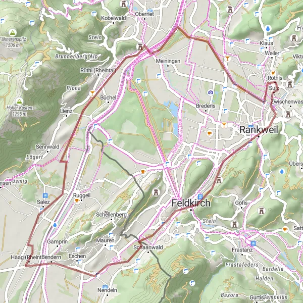 Miniatura della mappa di ispirazione al ciclismo "Giro in Gravel attraverso le colline circostanti" nella regione di Vorarlberg, Austria. Generata da Tarmacs.app, pianificatore di rotte ciclistiche