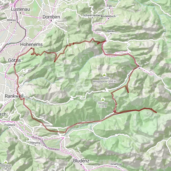 Miniatura della mappa di ispirazione al ciclismo "124 km di avventura gravel con 4590 metri di dislivello" nella regione di Vorarlberg, Austria. Generata da Tarmacs.app, pianificatore di rotte ciclistiche
