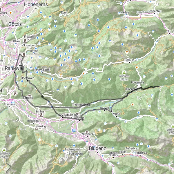 Zemljevid v pomanjšavi "Cesta skozi Blons in Satteins" kolesarske inspiracije v Vorarlberg, Austria. Generirano z načrtovalcem kolesarskih poti Tarmacs.app