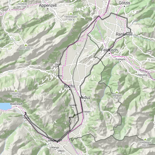 Zemljevid v pomanjšavi "Scenic road cycling loop from Sulz" kolesarske inspiracije v Vorarlberg, Austria. Generirano z načrtovalcem kolesarskih poti Tarmacs.app