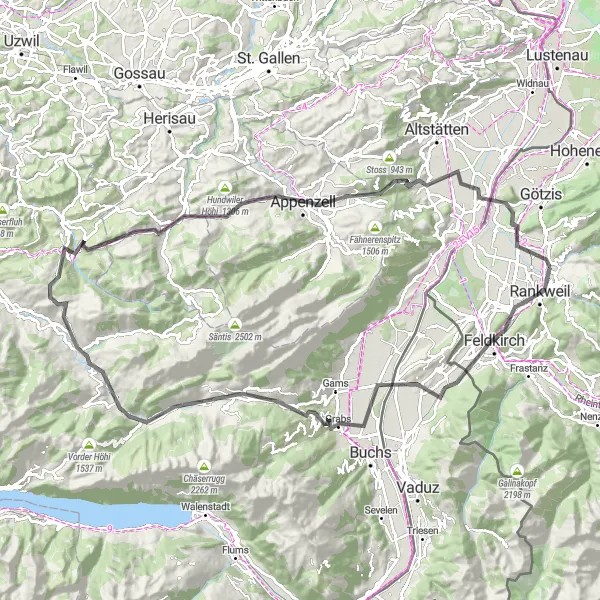 Miniatuurkaart van de fietsinspiratie "Bergtocht vanuit Sulz naar Eichberg" in Vorarlberg, Austria. Gemaakt door de Tarmacs.app fietsrouteplanner