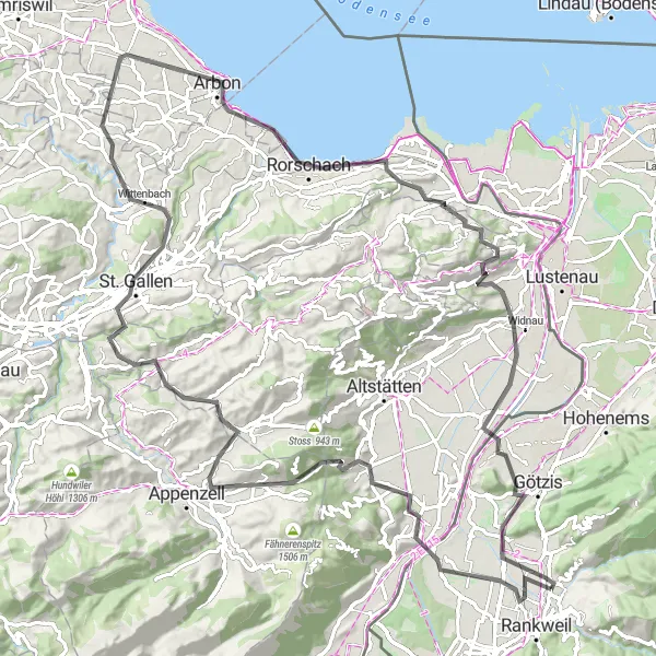 Miniatura della mappa di ispirazione al ciclismo "106 km lungo la strada attraverso Sulz" nella regione di Vorarlberg, Austria. Generata da Tarmacs.app, pianificatore di rotte ciclistiche