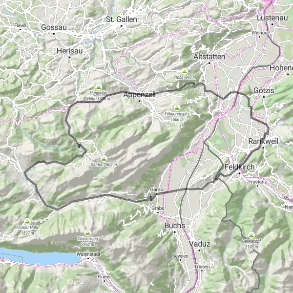 Miniaturekort af cykelinspirationen "Eventyrlig rute til Appenzell" i Vorarlberg, Austria. Genereret af Tarmacs.app cykelruteplanlægger