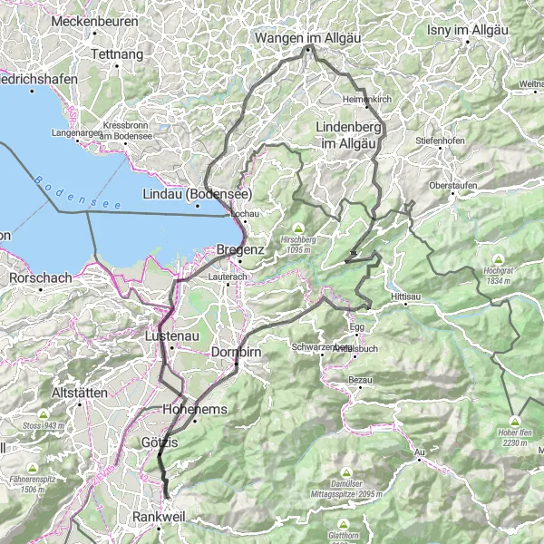 Miniatura della mappa di ispirazione al ciclismo "Esplorazione su Strada tra colline e borghi storici" nella regione di Vorarlberg, Austria. Generata da Tarmacs.app, pianificatore di rotte ciclistiche