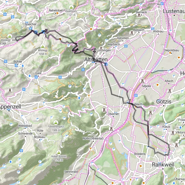 Miniatua del mapa de inspiración ciclista "Ruta Montlingen-Sulz Road Cycling" en Vorarlberg, Austria. Generado por Tarmacs.app planificador de rutas ciclistas