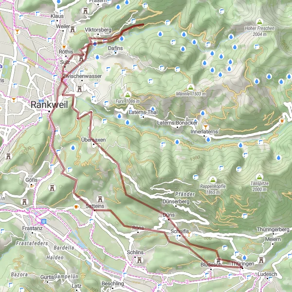Miniaturekort af cykelinspirationen "Grusvej cykelrute gennem Dünserberg og Satteins" i Vorarlberg, Austria. Genereret af Tarmacs.app cykelruteplanlægger