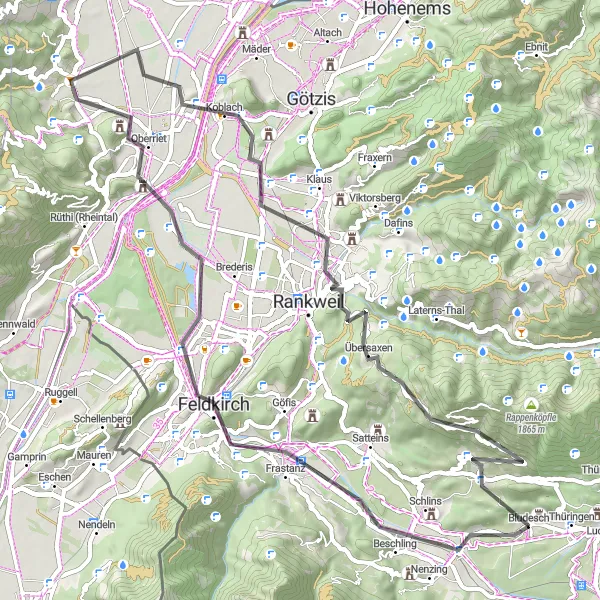 Map miniature of "The Rugged Road Ride" cycling inspiration in Vorarlberg, Austria. Generated by Tarmacs.app cycling route planner