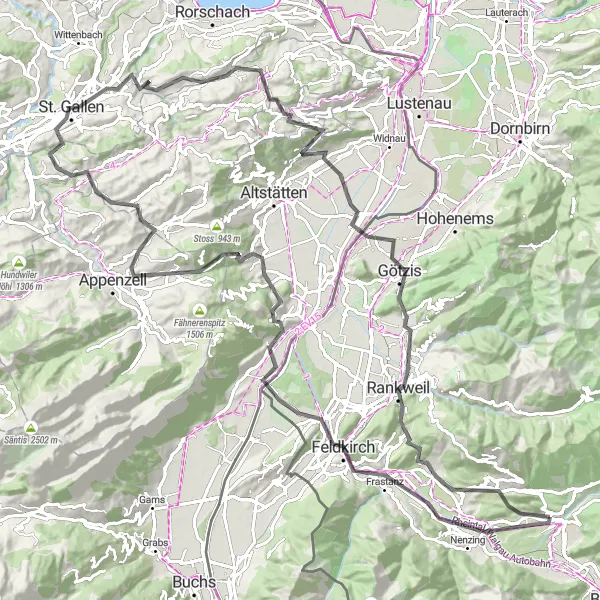 Miniature de la carte de l'inspiration cycliste "Parcours pittoresque de Vorarlberg" dans la Vorarlberg, Austria. Générée par le planificateur d'itinéraire cycliste Tarmacs.app