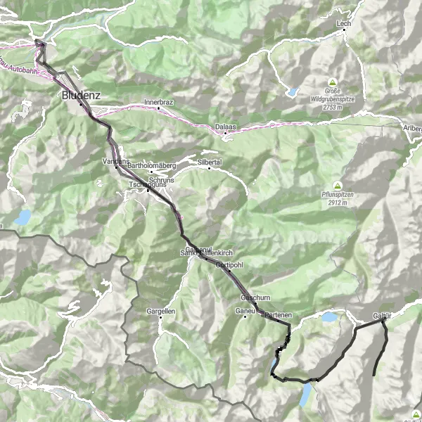 Miniatuurkaart van de fietsinspiratie "Avontuurlijke wegroute door Vorarlberg en Thüringen" in Vorarlberg, Austria. Gemaakt door de Tarmacs.app fietsrouteplanner