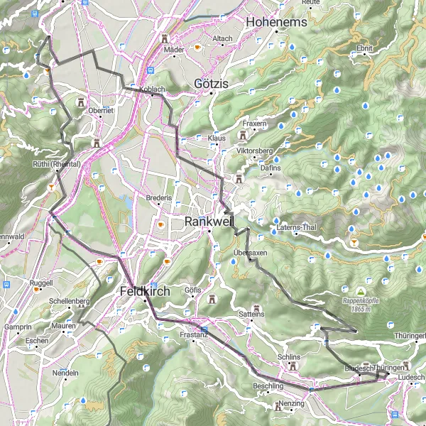 Mapa miniatúra "Okruhová cyklistická trasa cez prírodné rezervácie" cyklistická inšpirácia v Vorarlberg, Austria. Vygenerované cyklistickým plánovačom trás Tarmacs.app