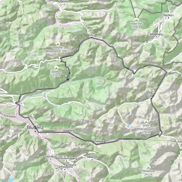 Miniature de la carte de l'inspiration cycliste "Défi des Alpes Autrichiennes" dans la Vorarlberg, Austria. Générée par le planificateur d'itinéraire cycliste Tarmacs.app