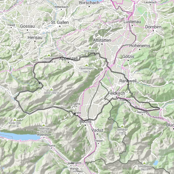Miniaturní mapa "Výhledy na Alpy a malebná prohlídka Thüringenu" inspirace pro cyklisty v oblasti Vorarlberg, Austria. Vytvořeno pomocí plánovače tras Tarmacs.app