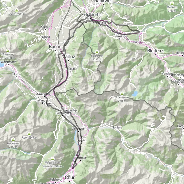 Miniaturní mapa "Cestování po Satteins a Schlins: Na stopě historie a krásy přírody" inspirace pro cyklisty v oblasti Vorarlberg, Austria. Vytvořeno pomocí plánovače tras Tarmacs.app