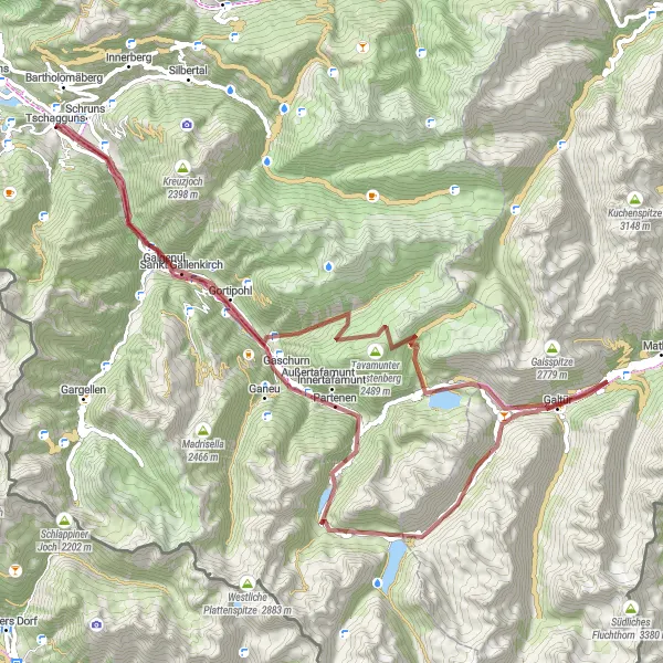 Kartminiatyr av "Grusvägar runt Tschagguns" cykelinspiration i Vorarlberg, Austria. Genererad av Tarmacs.app cykelruttplanerare