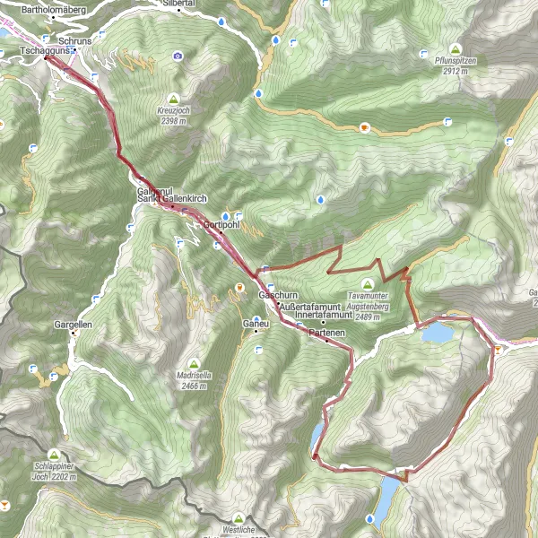 Miniaturní mapa "Trasa z Tschagguns s mnoha zajímavými body" inspirace pro cyklisty v oblasti Vorarlberg, Austria. Vytvořeno pomocí plánovače tras Tarmacs.app