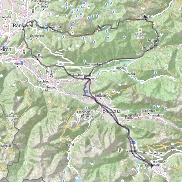 Miniatura della mappa di ispirazione al ciclismo "Giro in bici stradale attraverso Furkajoch e Faschinajoch" nella regione di Vorarlberg, Austria. Generata da Tarmacs.app, pianificatore di rotte ciclistiche