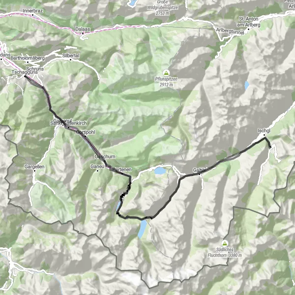 Karttaminiaatyyri "Tschagguns - Ischgl Scenic Route" pyöräilyinspiraatiosta alueella Vorarlberg, Austria. Luotu Tarmacs.app pyöräilyreittisuunnittelijalla