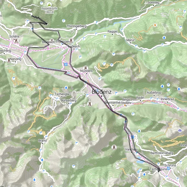 Miniaturní mapa "Cyklistická trasa okolo Tschagguns" inspirace pro cyklisty v oblasti Vorarlberg, Austria. Vytvořeno pomocí plánovače tras Tarmacs.app